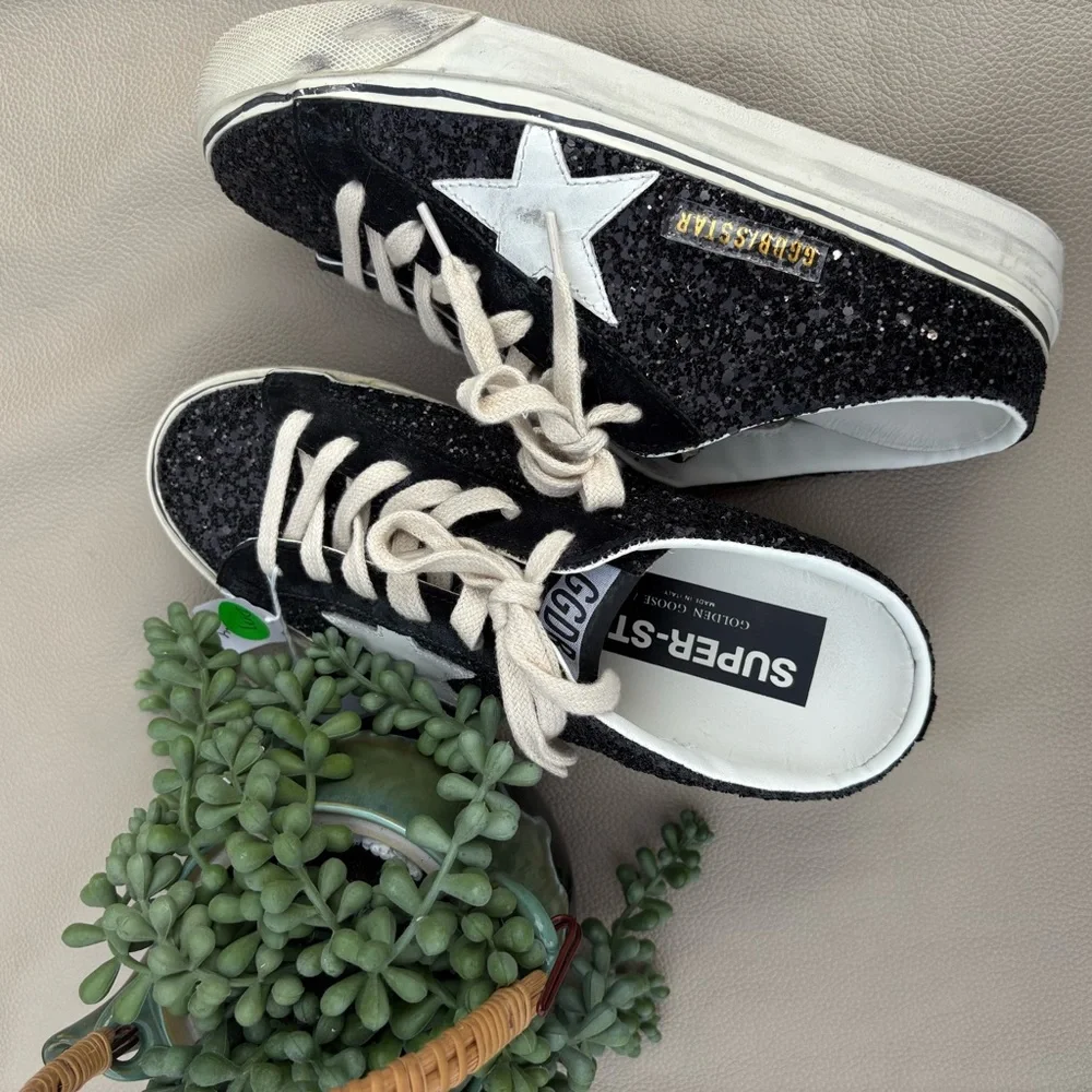 GOLDEN GOOSE SUPER START GLITTER SNEAKERS BACKLESS SLIDES LACE UP LEATHER 37/7 - Picture 2 of 8